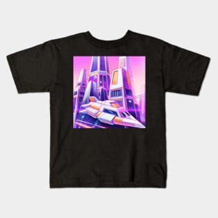 Spaceship With Pink Sky Futuristic Synthwave City Kids T-Shirt